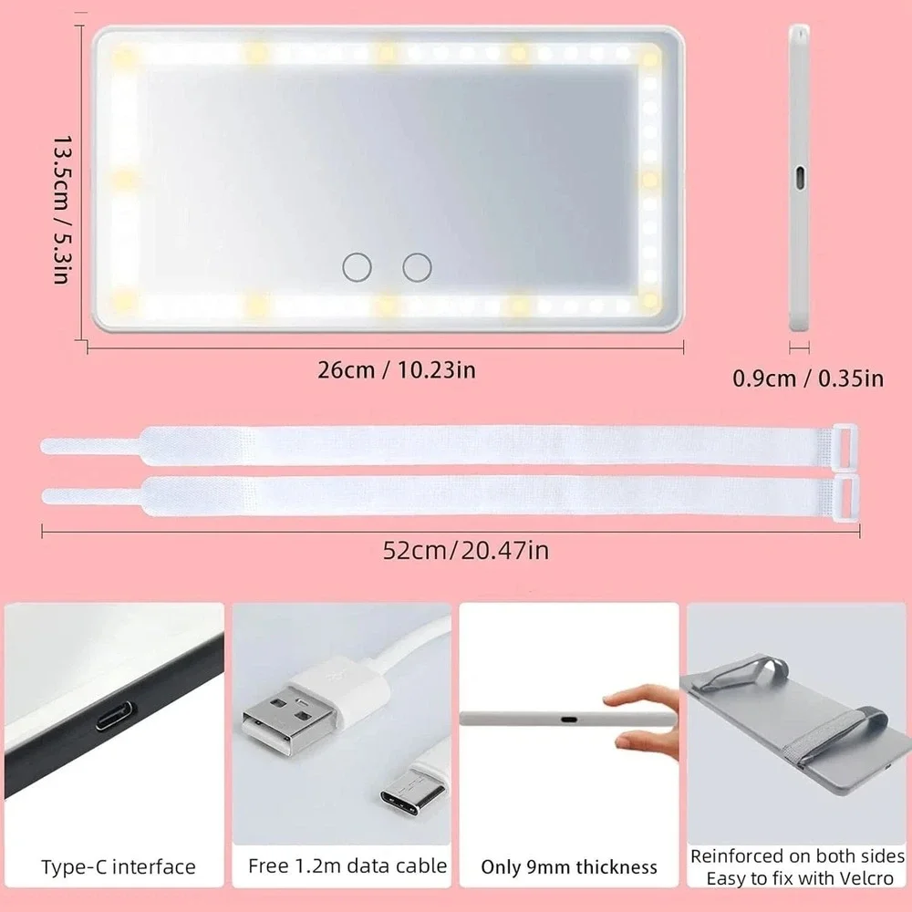 60 LED Car Sun Visor Vanity Mirror Rechargeable 3 Light Modes Stepless Dimming
